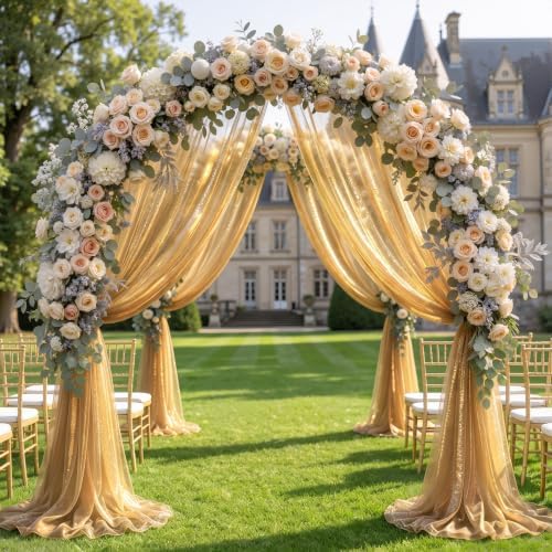 Wedding Arch Draping Fabric 28" x19FT Gold Shimmery Sheer Fabric Drapes 2 Panels Arch Backdrop Curtains for