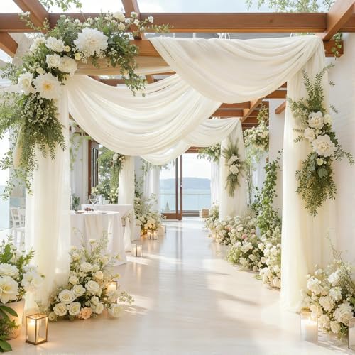 Wedding Arch Draping Fabric 28" x19FT, Sheer Chiffon Fabric Backdrop,6 Panels Ivory Drapes for Wedding Ceremony