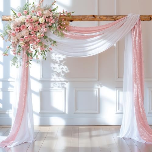 Wedding Arch Draping Fabric 28" x19FT White Shimmery Sheer Curtain Drapes in 28" width x 19Ft length(2 Panels)