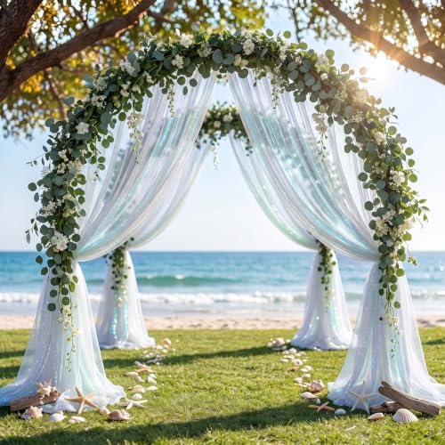 Wedding Arch Draping Fabric 28" x19FT White Shimmery Sheer Fabric Drapes 2 Panels Arch Backdrop Curtains for