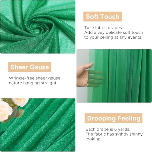 Wedding Arch Draping Fabric Backdrop 3 Panels, Emerald Green, alternate view 2