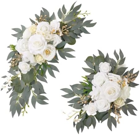 Wedding Arch Flowers, Artificial Flower Arch Set of 2 for Wedding Welcome Ceremony Sign, White Floral Swags