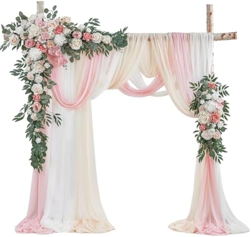 Wedding Arch Flowers Kit - Deluxe 5pcs Artificial Floral Swag with 3 Sheer Drapes, Realistic Silk Flower