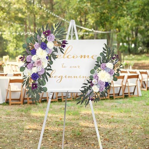 Wedding Arch Flowers Pack of 2 Artificial Silk Large Flower Swag Purple Welcome Sign Floral Swag Reception, alternate view 2