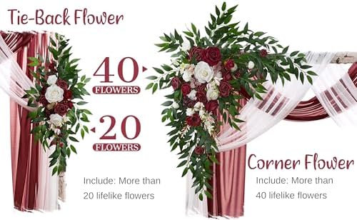 Wedding Arch Flowers with Drapes Kit (Pack of 4) - 2pcs Artificial Christmas Marsala Deluxe Swag with 2pcs Sheer, alternate