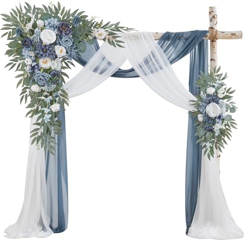 Wedding Arch Flowers with Drapes Kit (Pack of 4) - 2pcs Artificial Dusty Blue Deluxe Swag with 2pcs Sheer Drapes