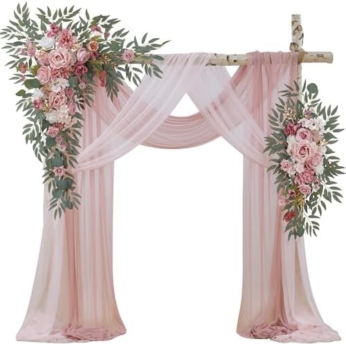 Wedding Arch Flowers with Drapes Kit (Pack of 4) - 2pcs Artificial Dusty Rose Deluxe Swag with 2pcs Sheer Drapes