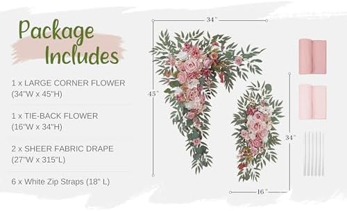 Wedding Arch Flowers with Drapes Kit (Pack of 4) - 2pcs Artificial Dusty Rose Deluxe Swag with 2pcs Sheer Drapes, alternate