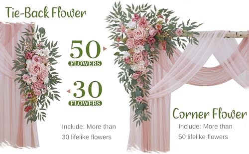 Wedding Arch Flowers with Drapes Kit (Pack of 4) - 2pcs Artificial Dusty Rose Deluxe Swag with 2pcs Sheer Drapes, alternate