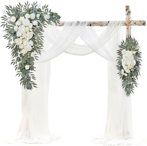 Wedding Arch Flowers with Drapes Kit (Pack of 4) - 2pcs Artificial Ivory & White Deluxe Swag with 2pcs Sheer