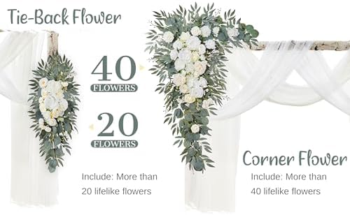 Wedding Arch Flowers with Drapes Kit (Pack of 4) - 2pcs Artificial Ivory & White Deluxe Swag with 2pcs Sheer, alternate view