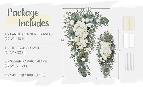 Wedding Arch Flowers with Drapes Kit (Pack of 4) - 2pcs Artificial Ivory & White Deluxe Swag with 2pcs Sheer, alternate view