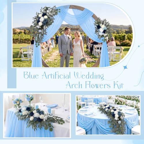 Wedding Arch Flowers with Drapes Kit (Pack of 5) 4pcs Blue Artificial Flower Swag Arrangement with 26ft Draping, alternate