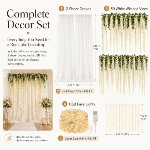 Wedding Backdrop Curtain White Wisteria Hanging Flowers Decor in White, alternate view 2