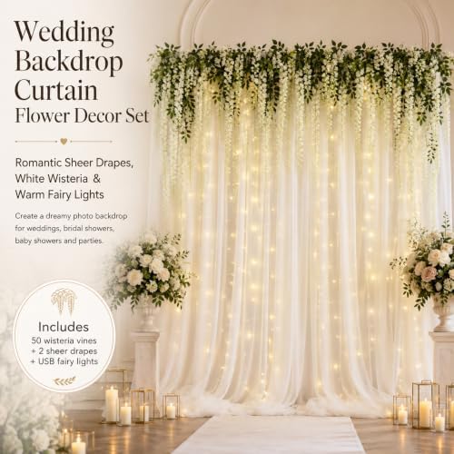 Wedding Backdrop Curtain White Wisteria Hanging Flowers Decor in White, alternate view 3
