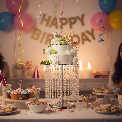 Wedding Cake Stand for Dessert Table 12 Inch Silver Crystal Pendants Metal Cake Stand Serves as A Round Dessert, alternate