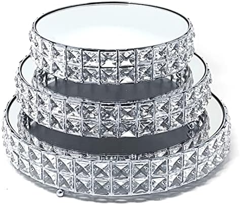 Wedding Cake Stands 3-Piece Set Crystal Gold Plated Cheese Dessert Cupcake Cake Stand with Mirror Plate-Silver