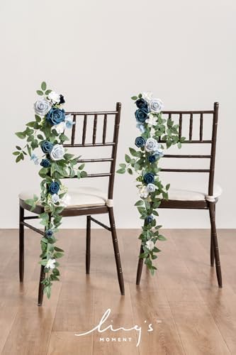 Wedding Chair Decorations Dusty Blue Navy Aisle Pew Flowers, alternate view 2