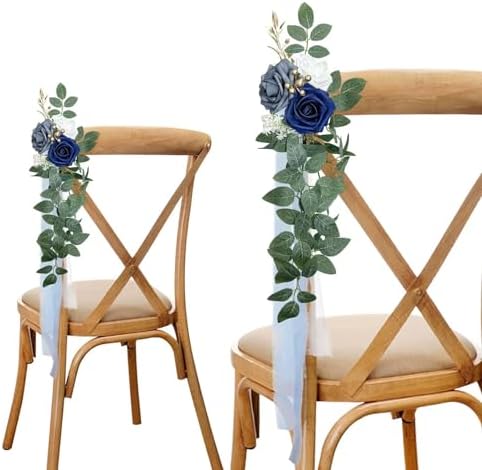 Wedding Chair Decorations Set of 6, Dusty Blue Flowers Wedding Aisle Decor Pew Flowers with Chiffon Ribbons for