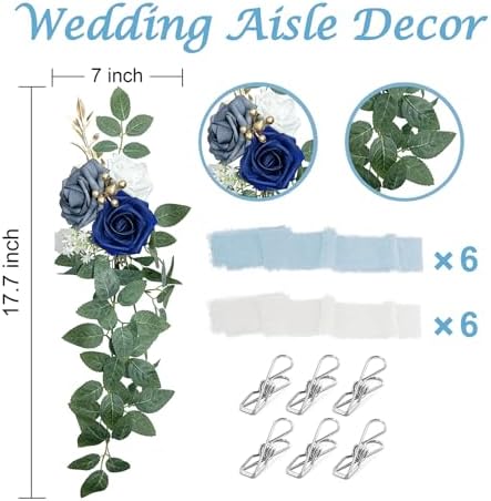 Wedding Chair Decorations Set of 6, Dusty Blue Flowers Wedding Aisle Decor Pew Flowers with Chiffon Ribbons for, alternate