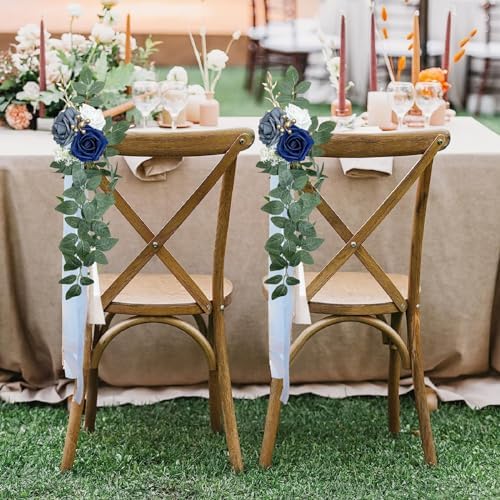 Wedding Chair Decorations Set of 6, Dusty Blue Flowers Wedding Aisle Decor Pew Flowers with Chiffon Ribbons for, alternate