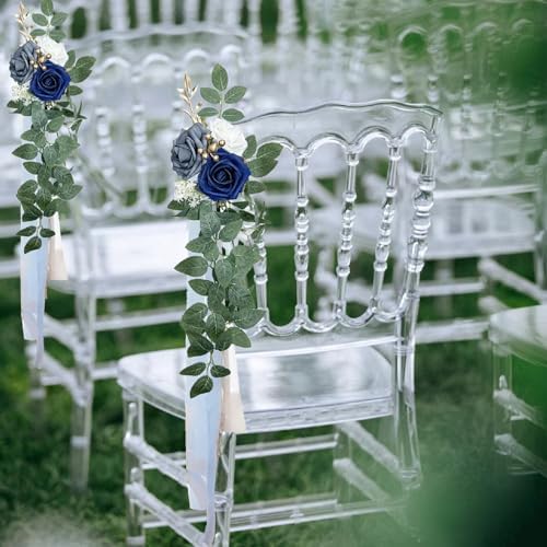 Wedding Chair Decorations Set of 6, Dusty Blue Flowers Wedding Aisle Decor Pew Flowers with Chiffon Ribbons for, alternate