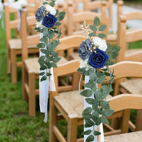 Wedding Chair Decorations Set of 6, Dusty Blue Flowers Wedding Aisle Decor Pew Flowers with Chiffon Ribbons for, alternate
