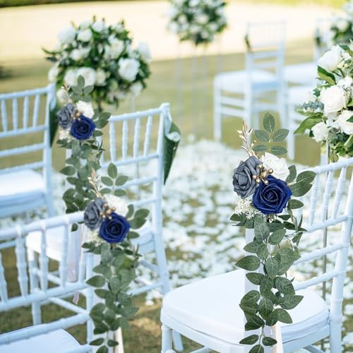 Wedding Chair Decorations Set of 6, Dusty Blue Flowers Wedding Aisle Decor Pew Flowers with Chiffon Ribbons for, alternate