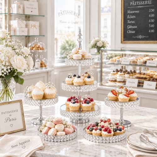Wedding Crystal Cake Stand, 5 Pcs Round Crystal Dessert Display Stand in Gold, alternate view 4