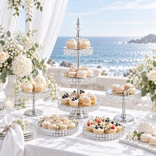 Wedding Crystal Cake Stand, 5 Pcs Round Crystal Dessert Display Stand in Gold, alternate view 5