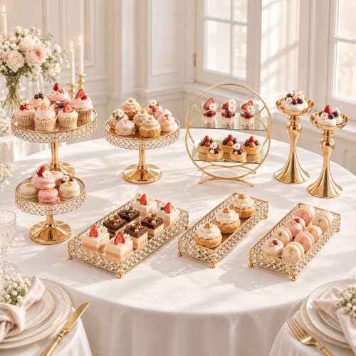 Wedding Crystal Cake Stands with Mirror, 9 Pcs Elegant Round Sweets Dessert Table Display Decorations, Gold