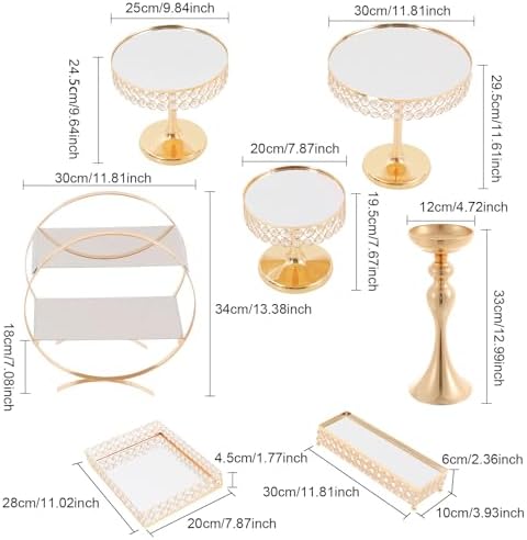 Wedding Crystal Cake Stands with Mirror, 9 Pcs Elegant Round Sweets Dessert Table Display Decorations, Gold, alternate view 2