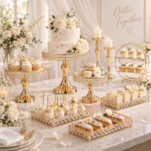 Wedding Crystal Cake Stands with Mirror, 9 Pcs Elegant Round Sweets Dessert Table Display Decorations, Gold, alternate view 3