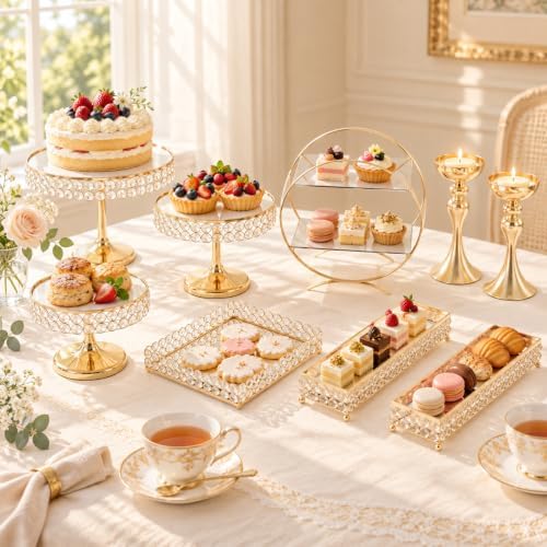 Wedding Crystal Cake Stands with Mirror, 9 Pcs Elegant Round Sweets Dessert Table Display Decorations, Gold, alternate view 4