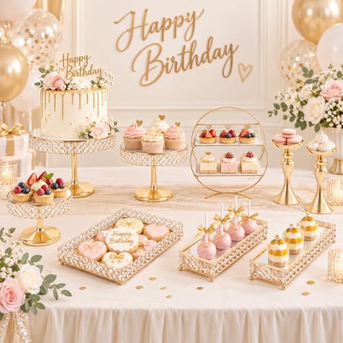 Wedding Crystal Cake Stands with Mirror, 9 Pcs Elegant Round Sweets Dessert Table Display Decorations, Gold, alternate view 5