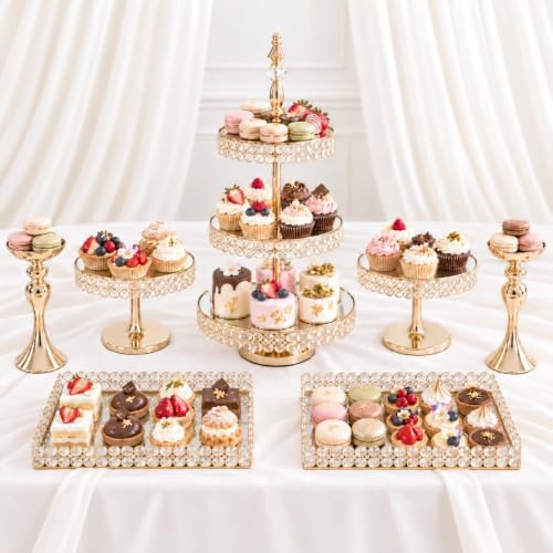 Wedding Crystal Dessert Display Stand, 7 Pcs Round Metal Cupcake Tray, Crystals Cake Stands Decoration, Elegant