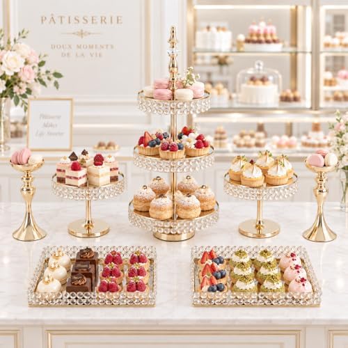Wedding Crystal Dessert Display Stand, 7 Pcs Round Metal Cupcake Tray, Crystals Cake Stands Decoration, Elegant, alternate