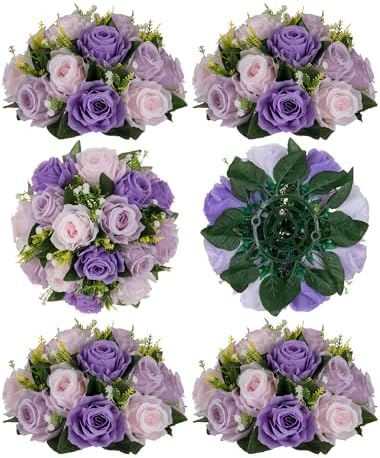 Wedding Flower Centerpieces for Tables: 6 Pcs Pink Purple Roses in 9.8" x 4.7" in Purple & Lilac & Light Pink