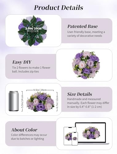 Wedding Flower Centerpieces for Tables: 6 Pcs Pink Purple Roses in 9.8" x 4.7" in Purple & Lilac & Light Pink, alternate view