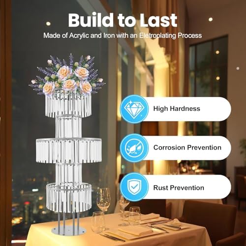 Wedding Silver Vases Centerpieces, Silver Crystal Vases for Centerpieces,5 Tier Round Chandelier Pedestal Stand, alternate