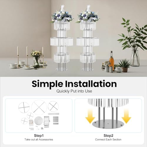 Wedding Silver Vases Centerpieces, Silver Crystal Vases for Centerpieces,5 Tier Round Chandelier Pedestal Stand, alternate