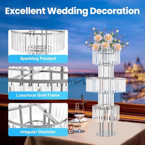 Wedding Silver Vases Centerpieces, Silver Crystal Vases for Centerpieces,5 Tier Round Chandelier Pedestal Stand, alternate