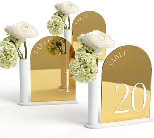 Wedding Table Numbers 1-20, Gold Mirror Acrylic Table Sign Holders & Stands in Gold and White