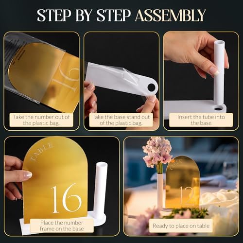Wedding Table Numbers 1-20, Gold Mirror Acrylic Table Sign Holders & Stands in Gold and White, alternate view 5