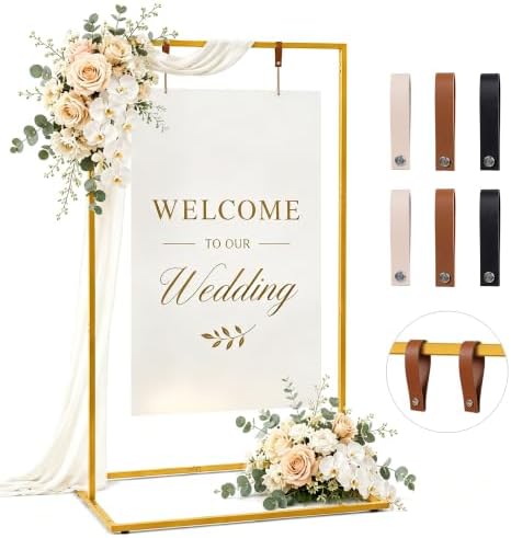 Wedding Welcome Sign Stand, 50" Standard Height - Gold Metal Sign Holder with 6 Leather Straps, Easel Stand for