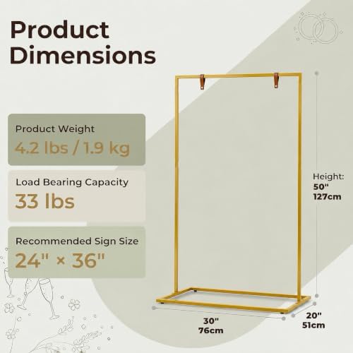 Wedding Welcome Sign Stand, 50" Standard Height - Gold Metal Sign Holder with 6 Leather Straps, Easel Stand for, alternate