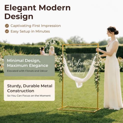 Wedding Welcome Sign Stand, 50" Standard Height - Gold Metal Sign Holder with 6 Leather Straps, Easel Stand for, alternate