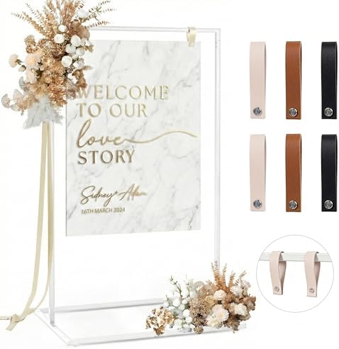 Wedding Welcome Sign Stand, 50" Standard Height - White Metal Sign Holder with 6 Leather Straps, Easel Stand for