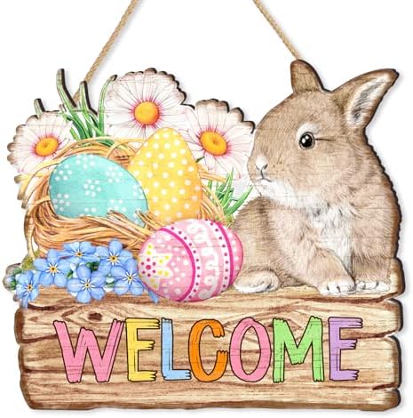 Welcome Door Sign, Wooden, for Front Door, Easter Bunny