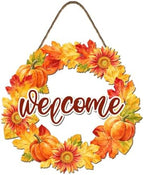 Welcome Fall Front Door Sign Fall Leaves Pumpkins Door Decorations Wood Sign Autumn Harvest Wreath Door Hanger
